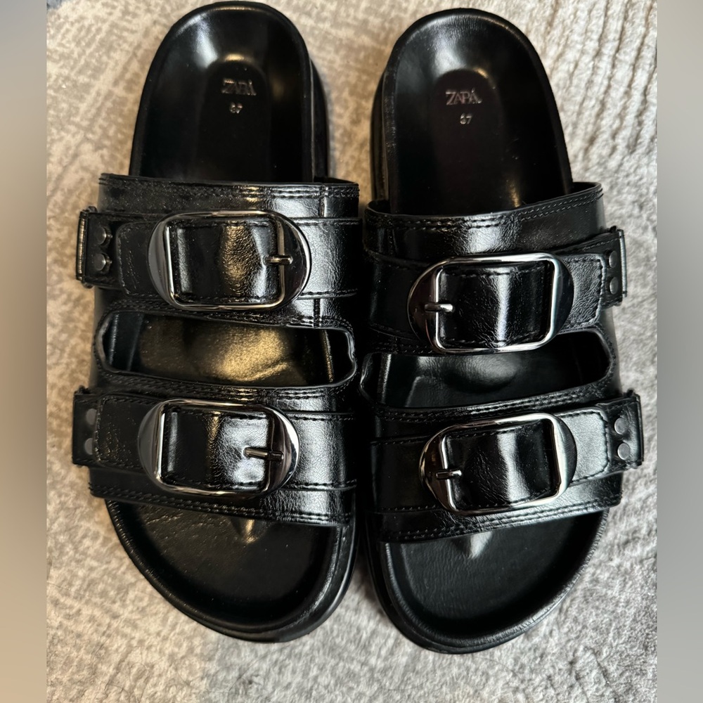Zara Black Buckle Slides Size 37